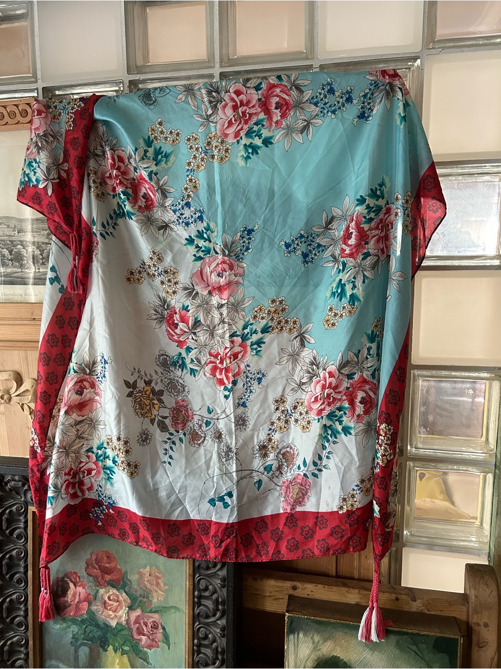 Johnny Was Silk Floral Tassel Border Scarf in Aqua and Red - Picture 3 of 7